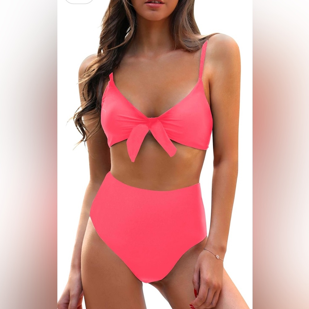 Blooming Jelly Womens High Waisted Bikini Set Tie Knot, Large, watermelon red